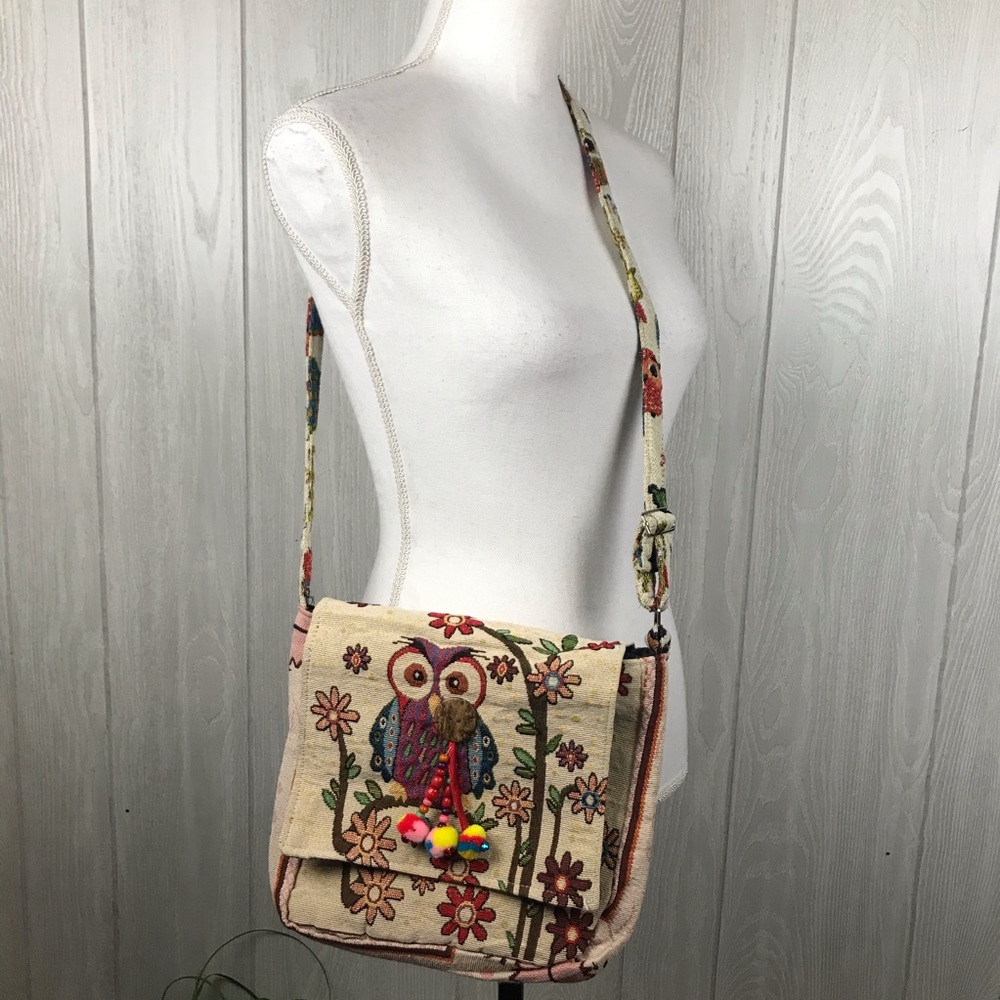 Boho owl embroidered adjustable crossbody bag